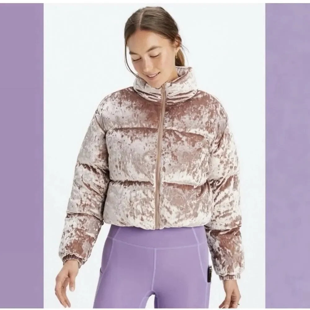 Fabletics Wander Crushed Velour Cropped Puffer Jacket Neutral Size S